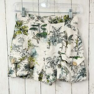 ZARA Women's Ivory Tropical Palm Print High Waist Cargo Shorts Size XS